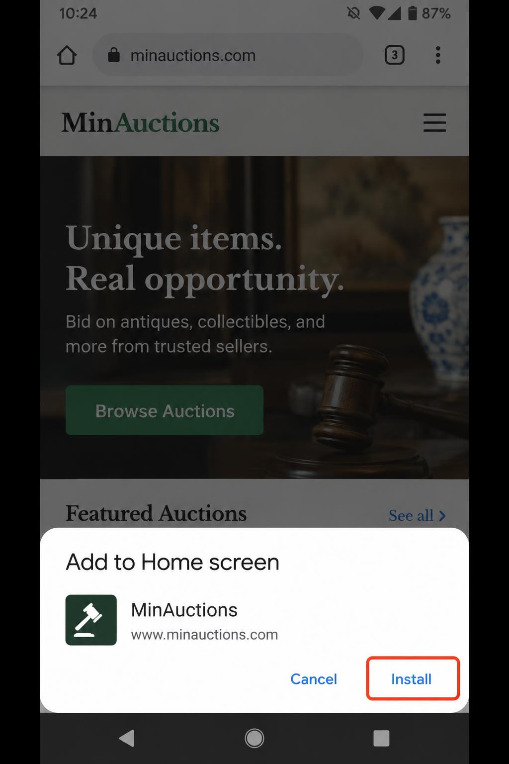 Chrome confirmation dialog with the Install button highlighted