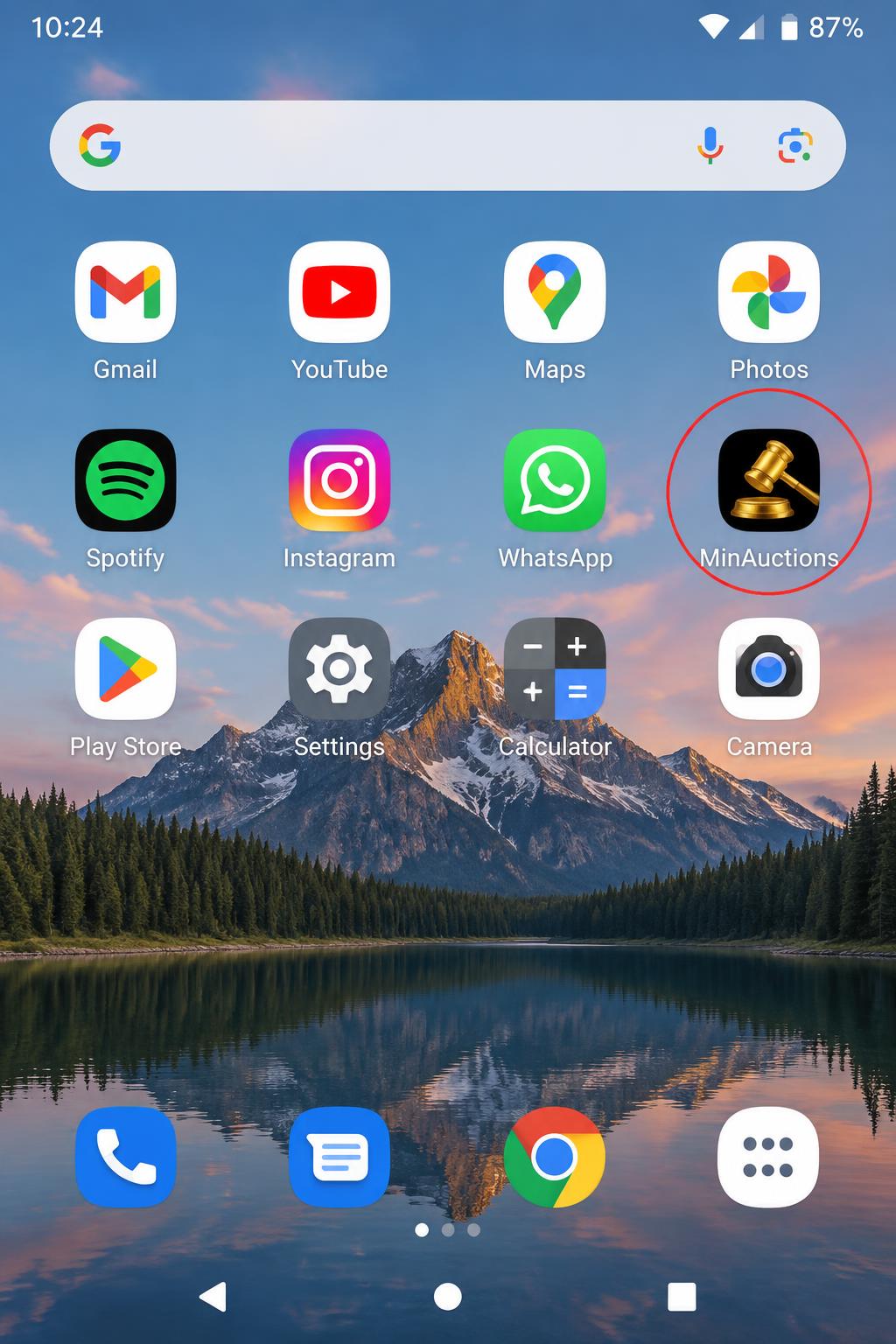 Android home screen with the new MinAuctions icon highlighted