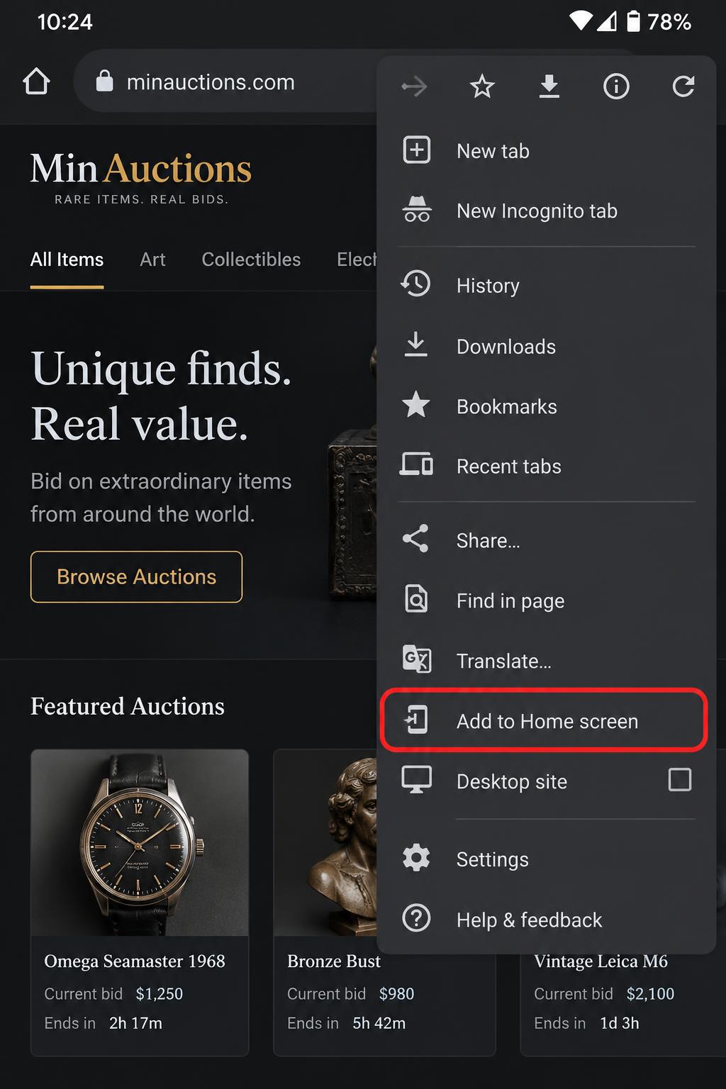 Chrome menu on Android with the Add to Home screen option highlighted
