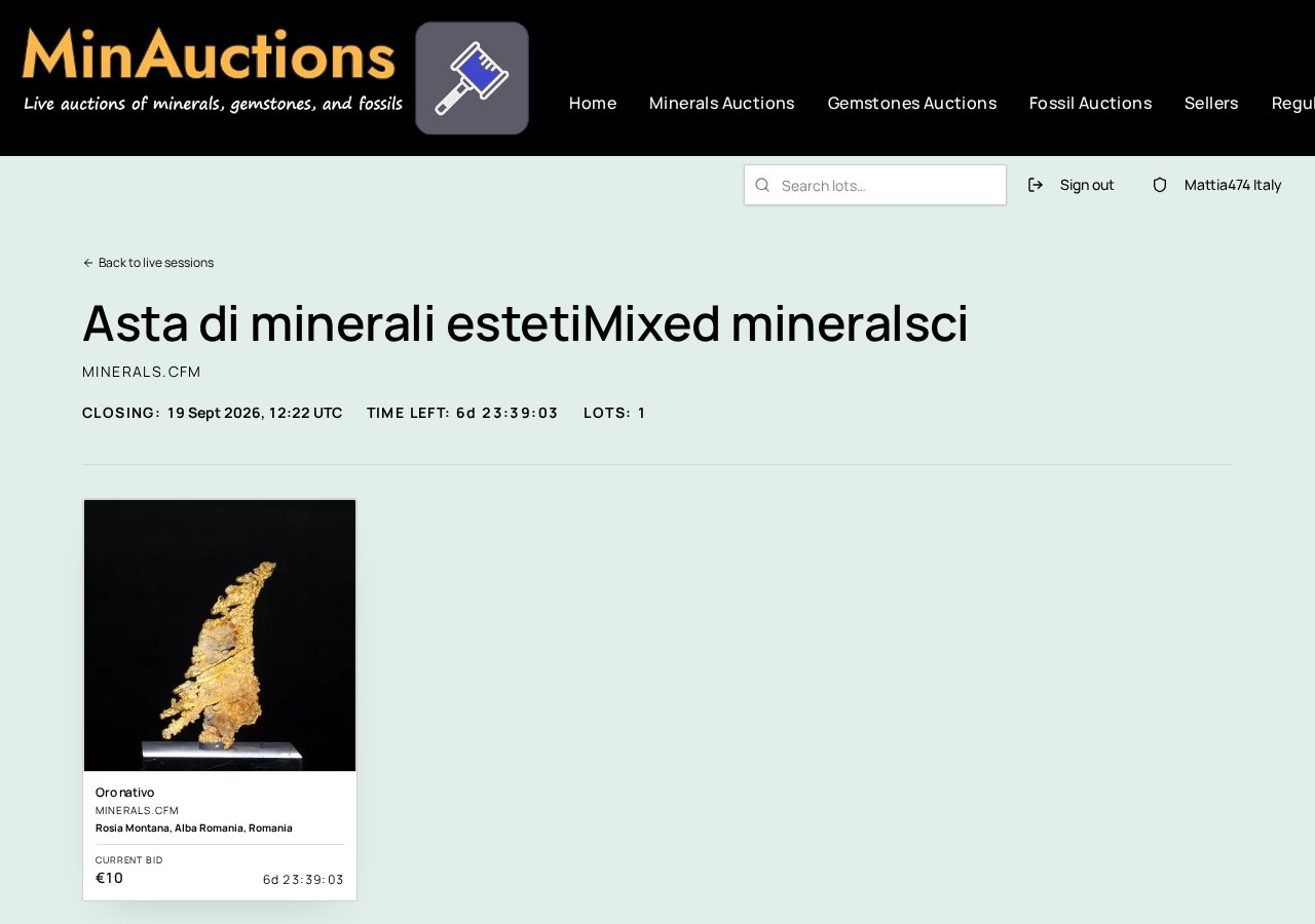 Minerals auctions page listing auction sessions and lots