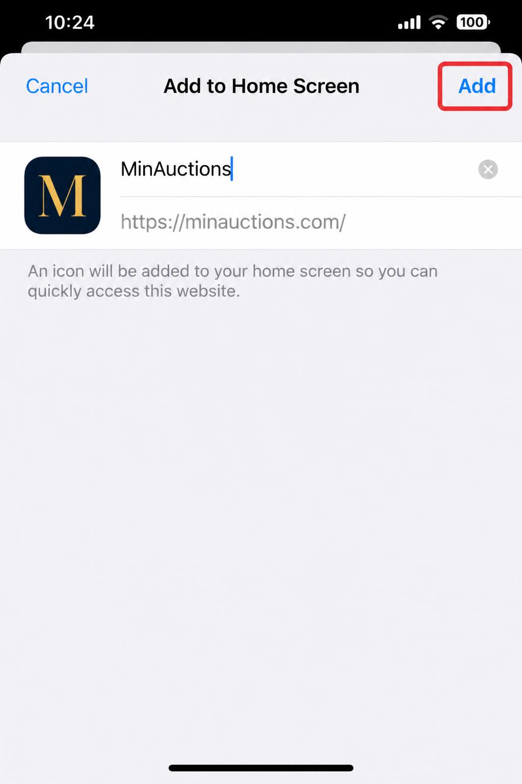 Add to Home Screen confirmation on iPhone with the Add button highlighted
