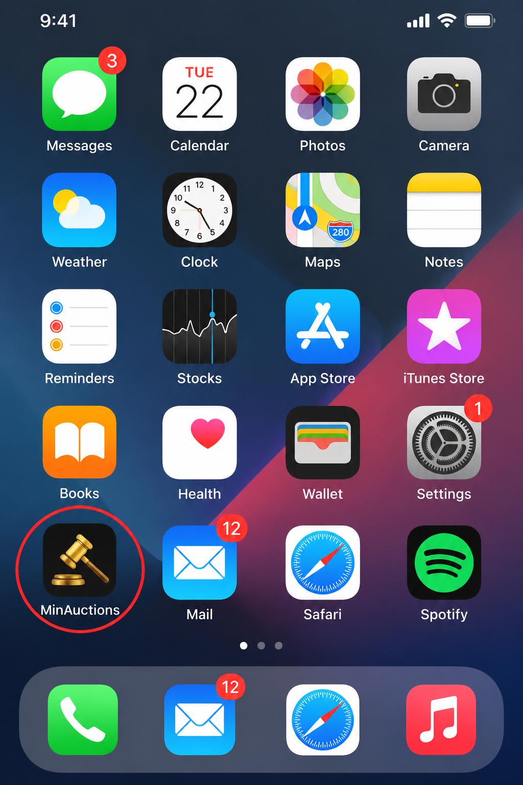 iPhone Home Screen with the new MinAuctions icon highlighted
