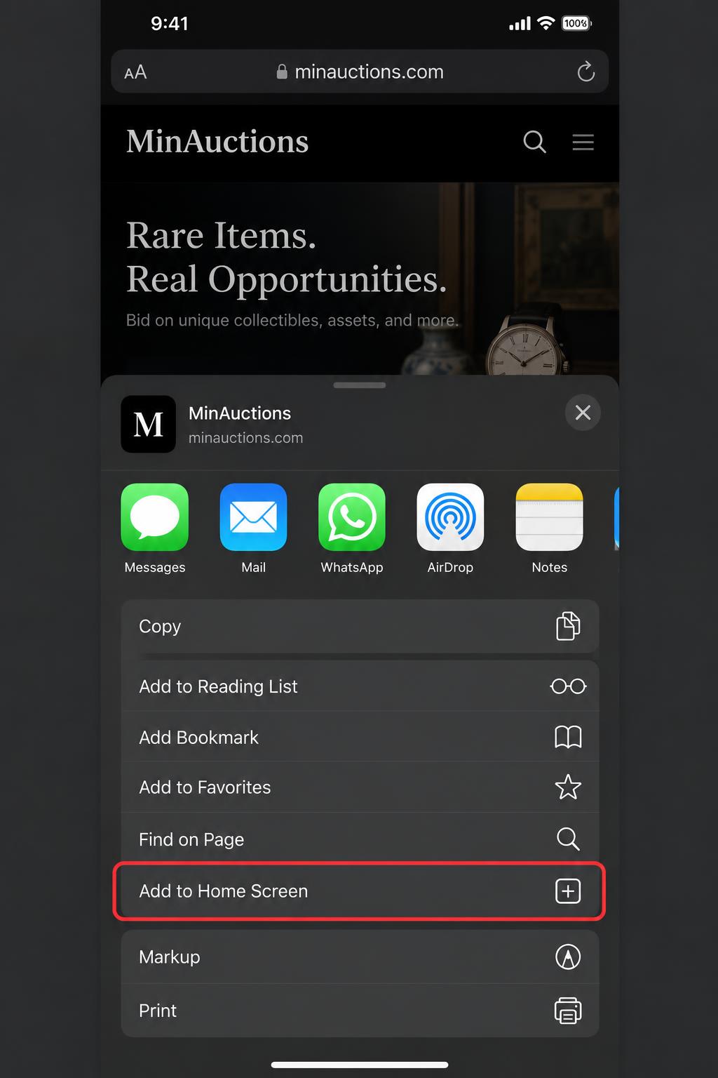 Safari share sheet on iPhone with the Add to Home Screen option highlighted